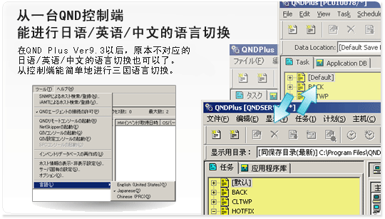 一台のQNDコンソールから 日本語/英語/中国語の言語切り替えが可能